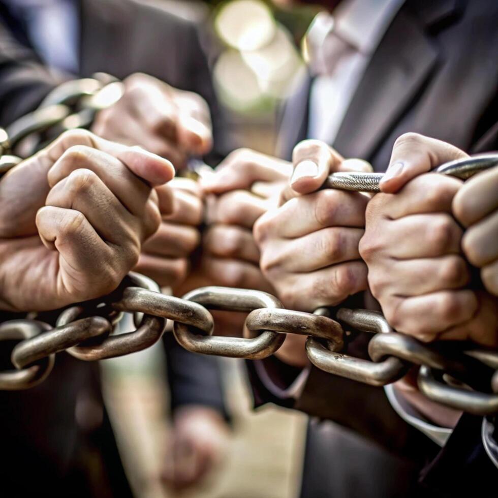 Intertwined Hands Bound Together by a Heavy Metal Chain Symbolizing Shared Burden and Collective Struggle photo