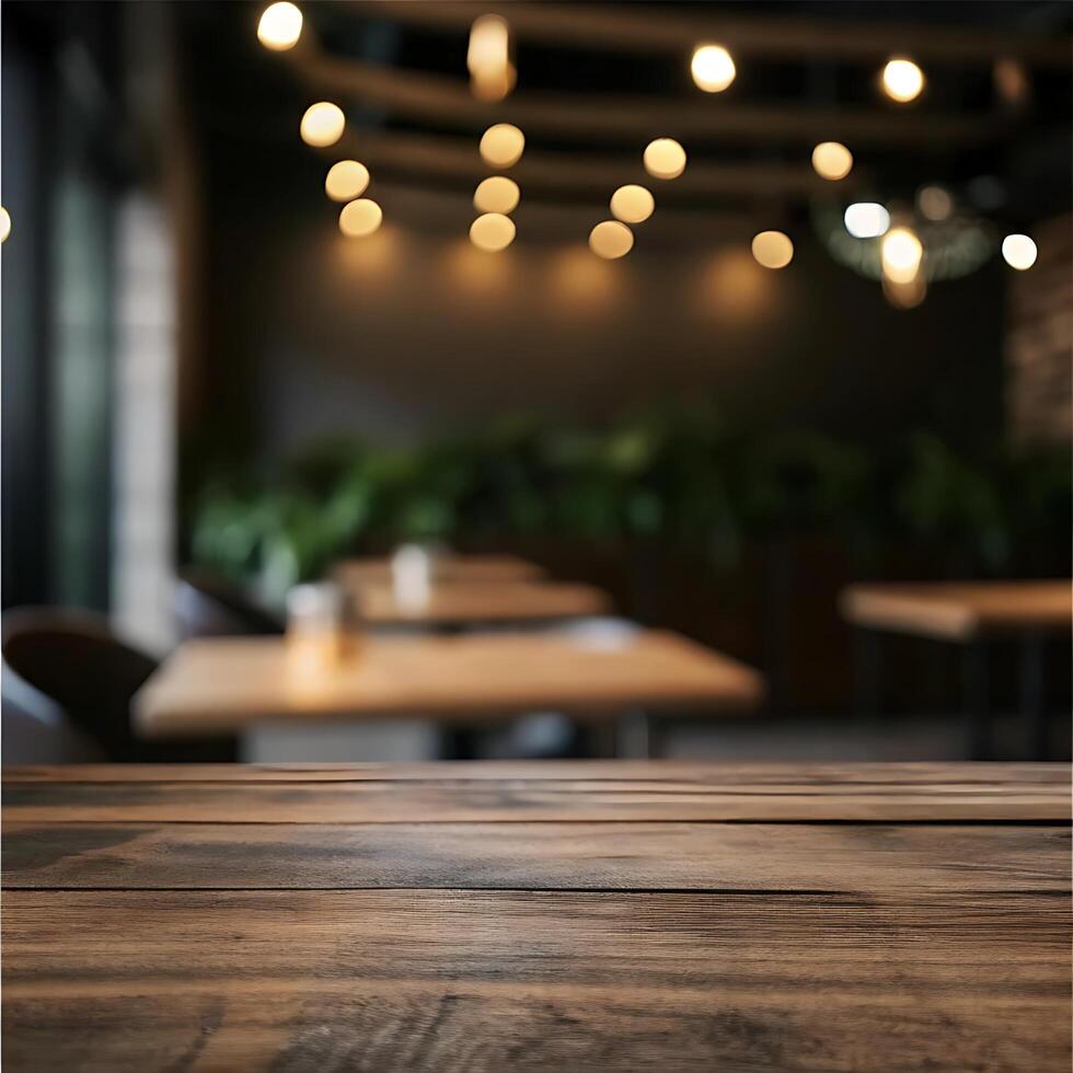 Empty Wooden Table in a Blurred Trendy Restaurant Setting with Warm Lighting photo