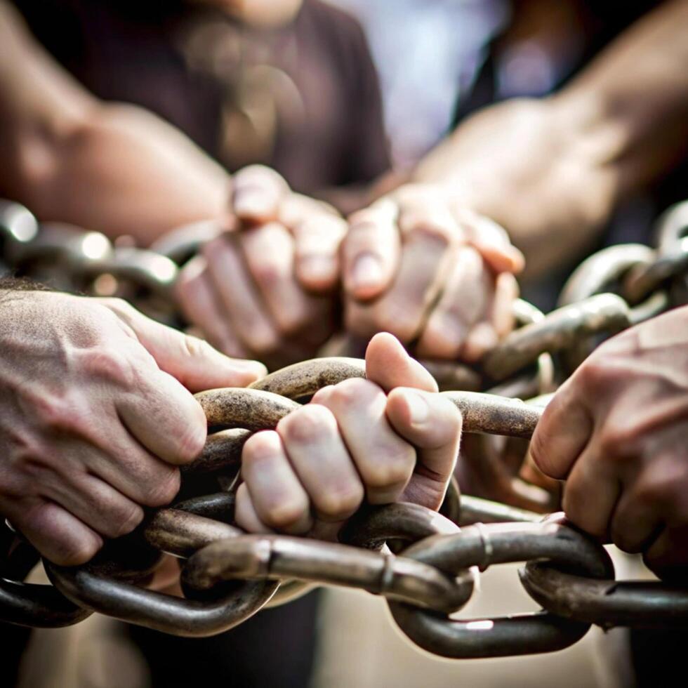 Many Hands Intertwined Around a Heavy Metal Chain Showing Unity and Strength photo