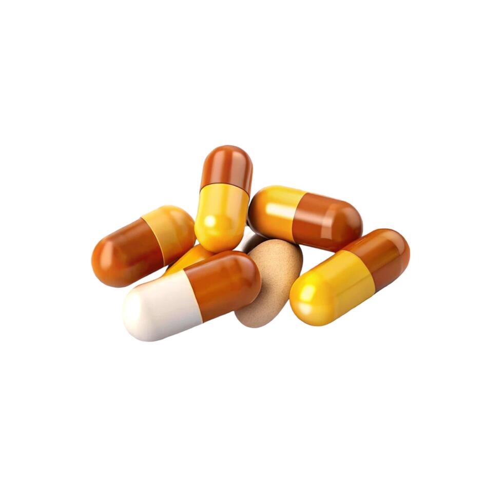 A Pile of Orange and Brown Capsules and a Single Pill photo