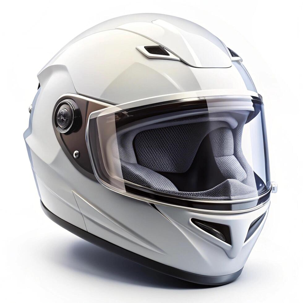 Sleek White Motorcycle Racing Helmet with Clear Visor and Protective Features photo