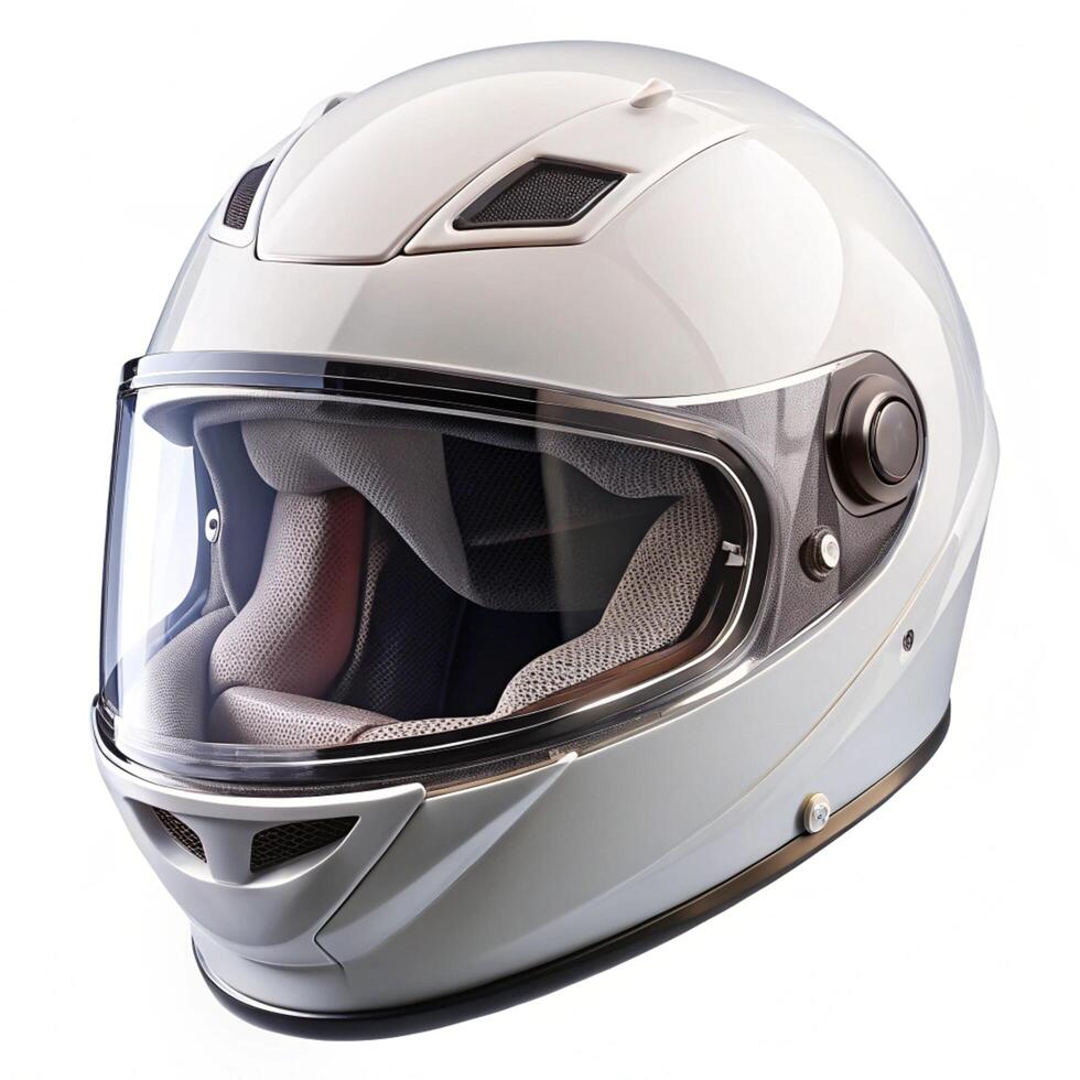 Sleek White Motorcycle Helmet with Clear Visor and Protective Features photo