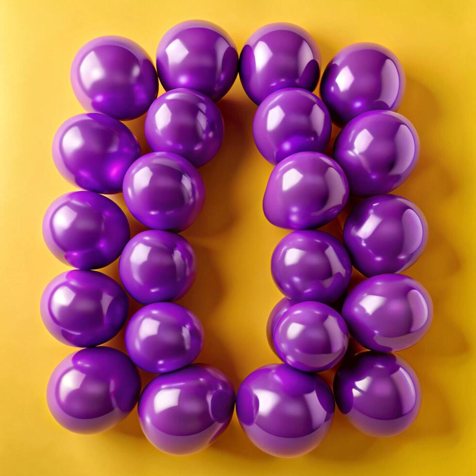 A vibrant arrangement of purple balloons forming the number zero on a yellow background photo