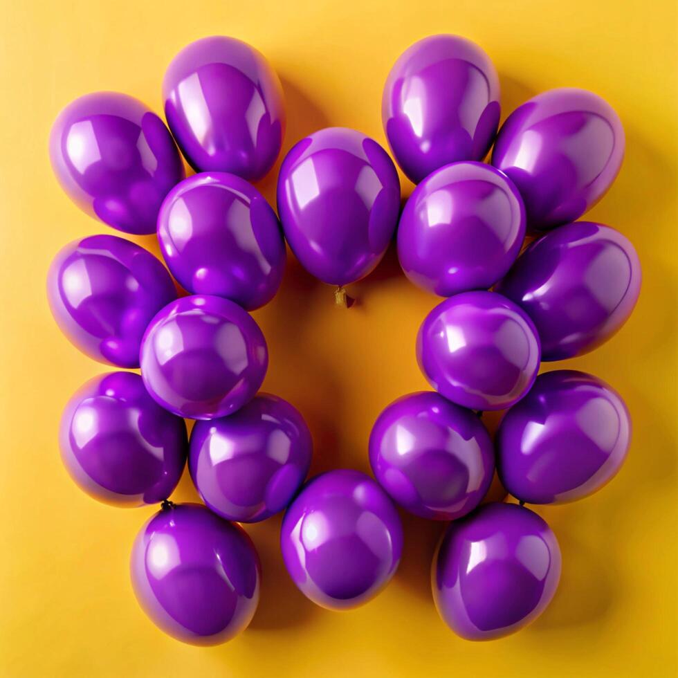 Many Purple Balloons Arranged in a Heart Shape on a Yellow Background photo