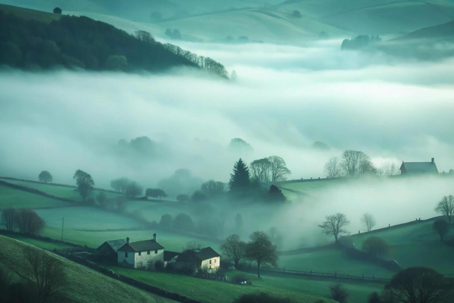 Misty Morning in the Rolling Hills of the Countryside Farmland photo