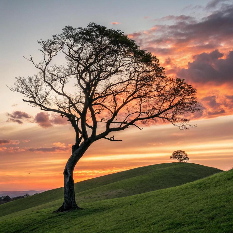 Silhouette of a tree in a vibrant sunset landscape photo