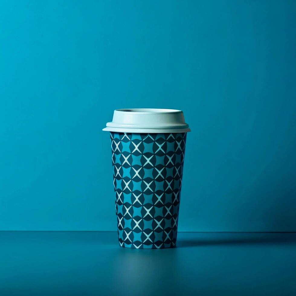 Teal and White patterned coffee cup on a teal background A single takeaway coffee cup sits photo