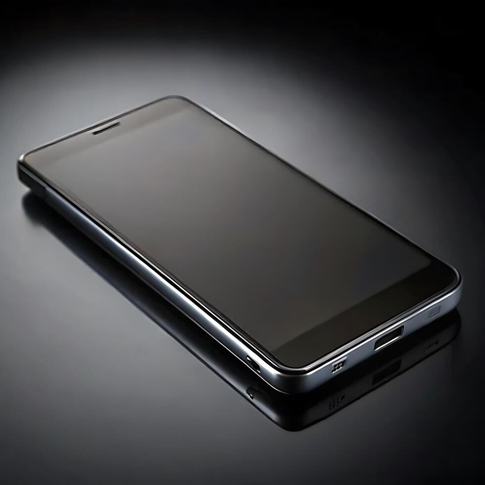 Sleek Black Smartphone on Reflective Surface Modern Mobile Technology Device photo