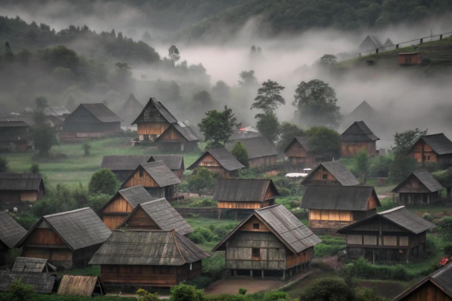 Misty Mountain Village Scenic View of Traditional Wooden Houses photo
