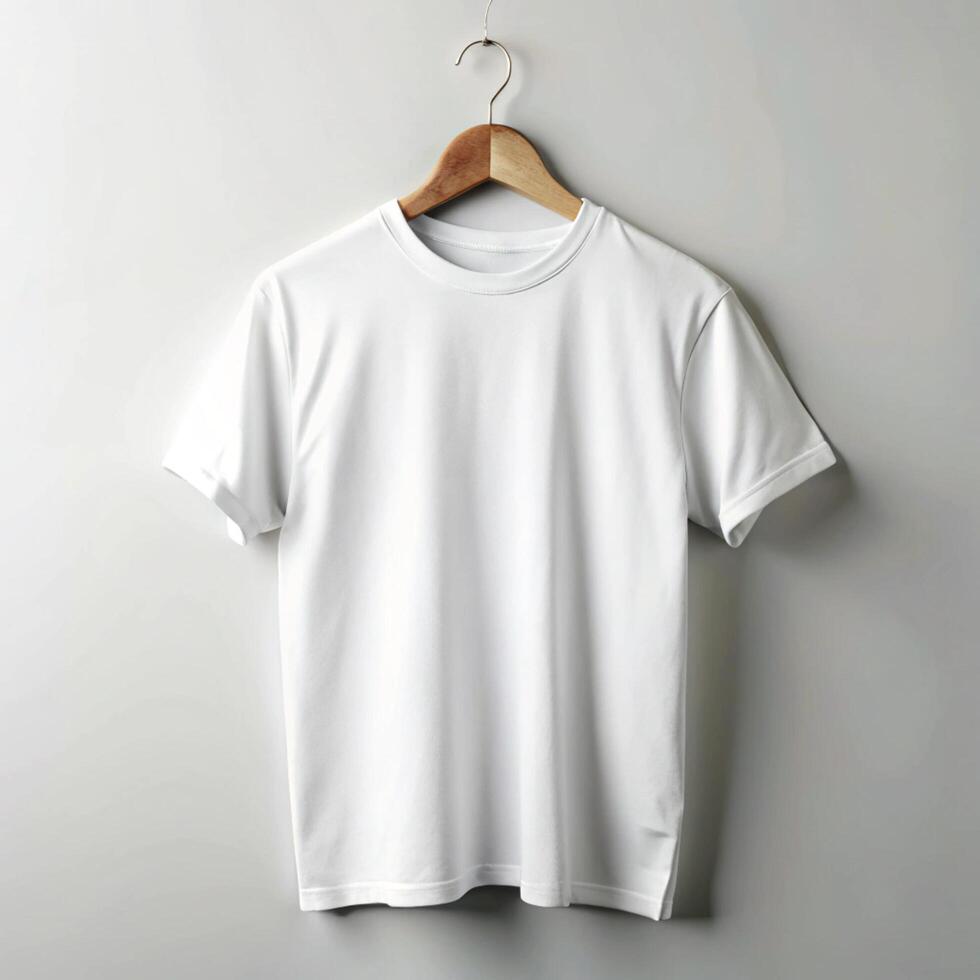 Simple White Crew Neck TShirt Hanging on Wooden Hanger on White Background photo