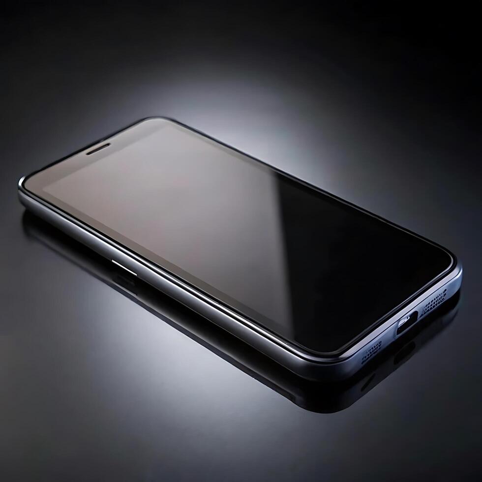 Sleek Modern Smartphone on Reflective Surface, Dark Background, Technology photo