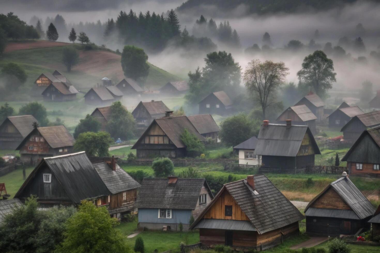 Misty Mountain Village in a Foggy Valley Picturesque Scenery of Traditional Houses photo