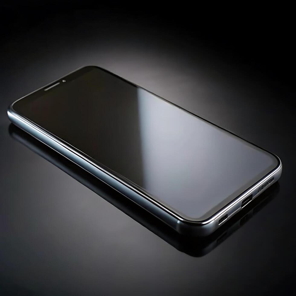 Sleek Black Smartphone on Reflective Surface Modern Technology Device Display photo