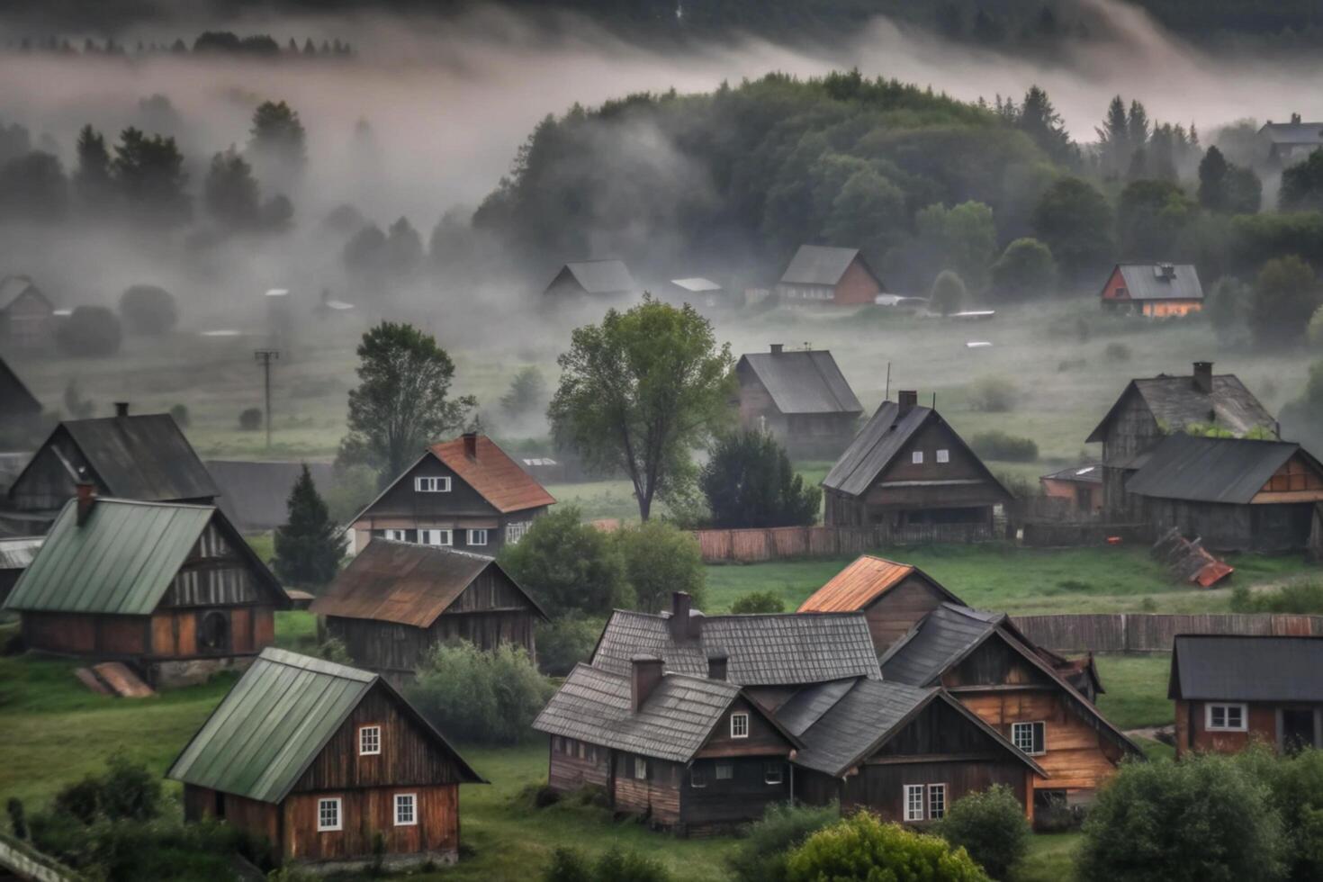 Misty Mountain Village A Collection of Picturesque Wooden Houses Nestled in a Foggy Valley photo