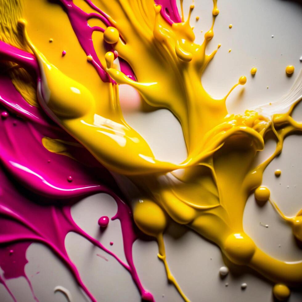 Abstract Swirling Yellow and Magenta Paint Splashes on White Background photo