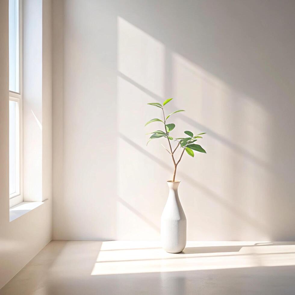 Minimalist Interior Design Featuring a Single Branch with Green Leaves in a White Vase Basking in Sunlight photo