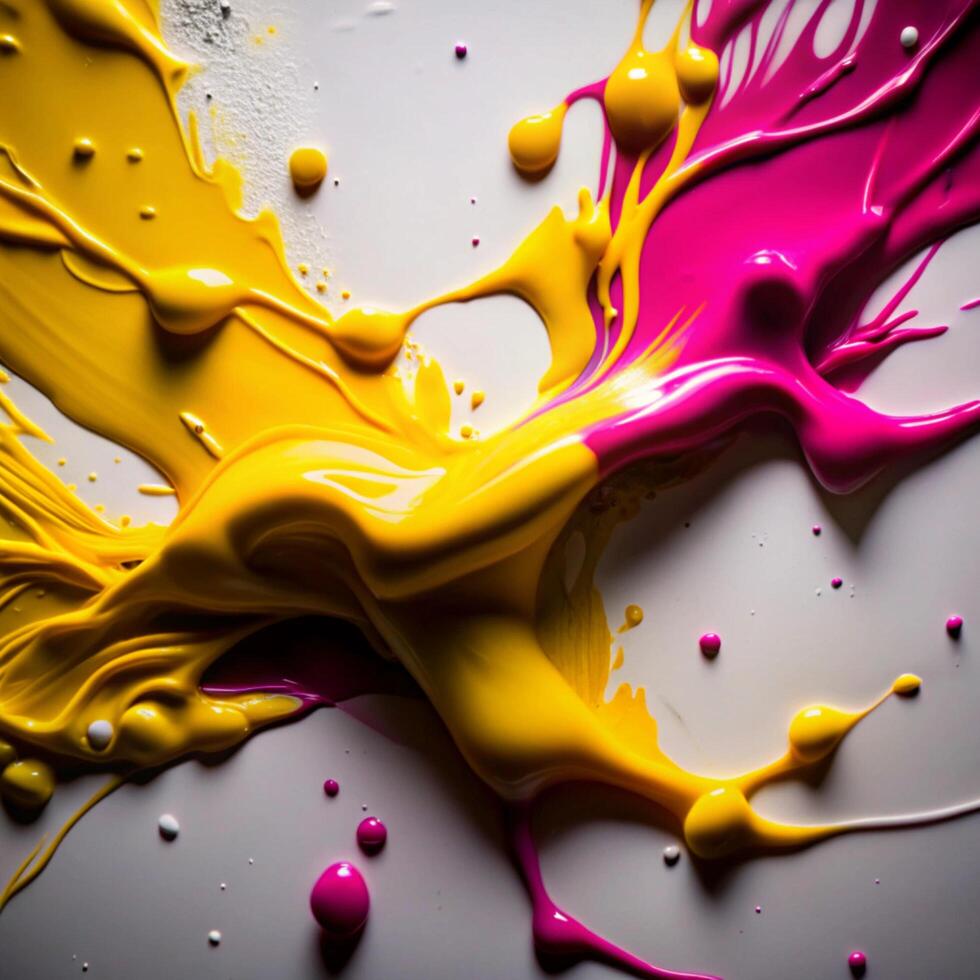 Abstract Swirls of Yellow and Magenta Paint on White Canvas photo
