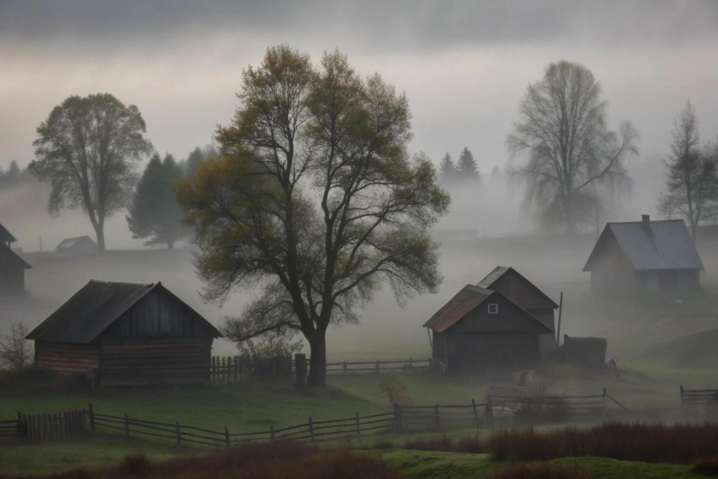 Misty Morning in a Rural Village with Wooden Houses and Trees photo