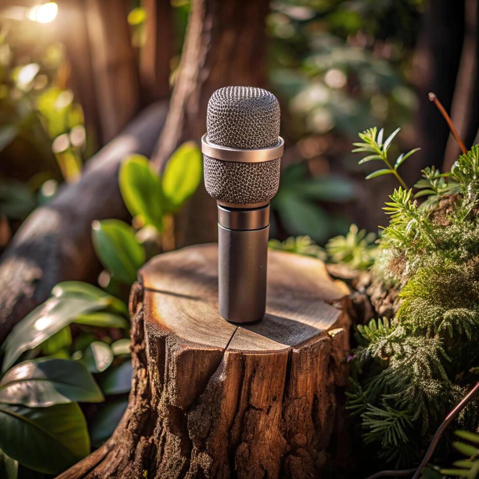 A high quality microphone sits on a tree stump in a lush forest setting bathed in warm sunlight photo