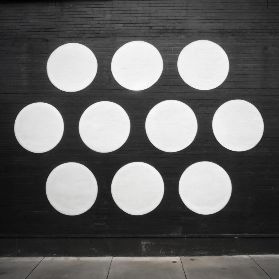 A striking black wall with nine large white circles painted in a grid pattern photo