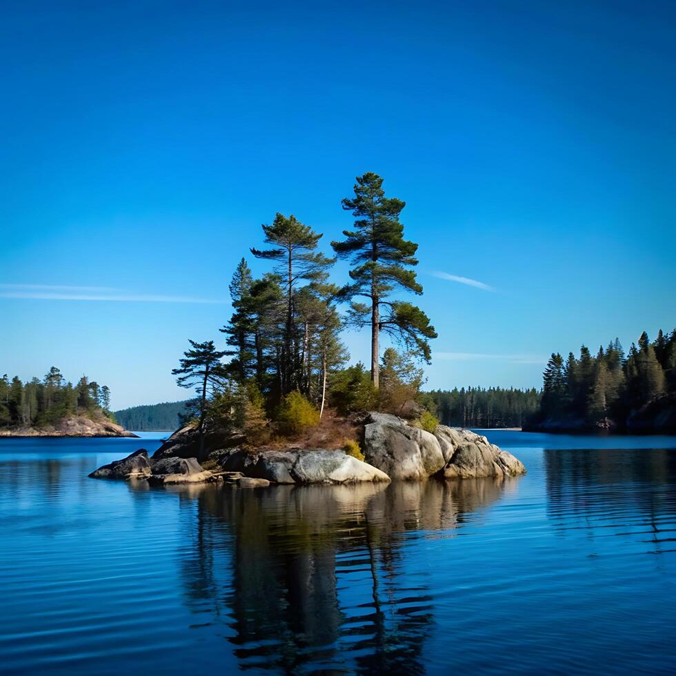 Serene Island with Pine Trees in a Calm Blue Lake under a Vivid Sky photo
