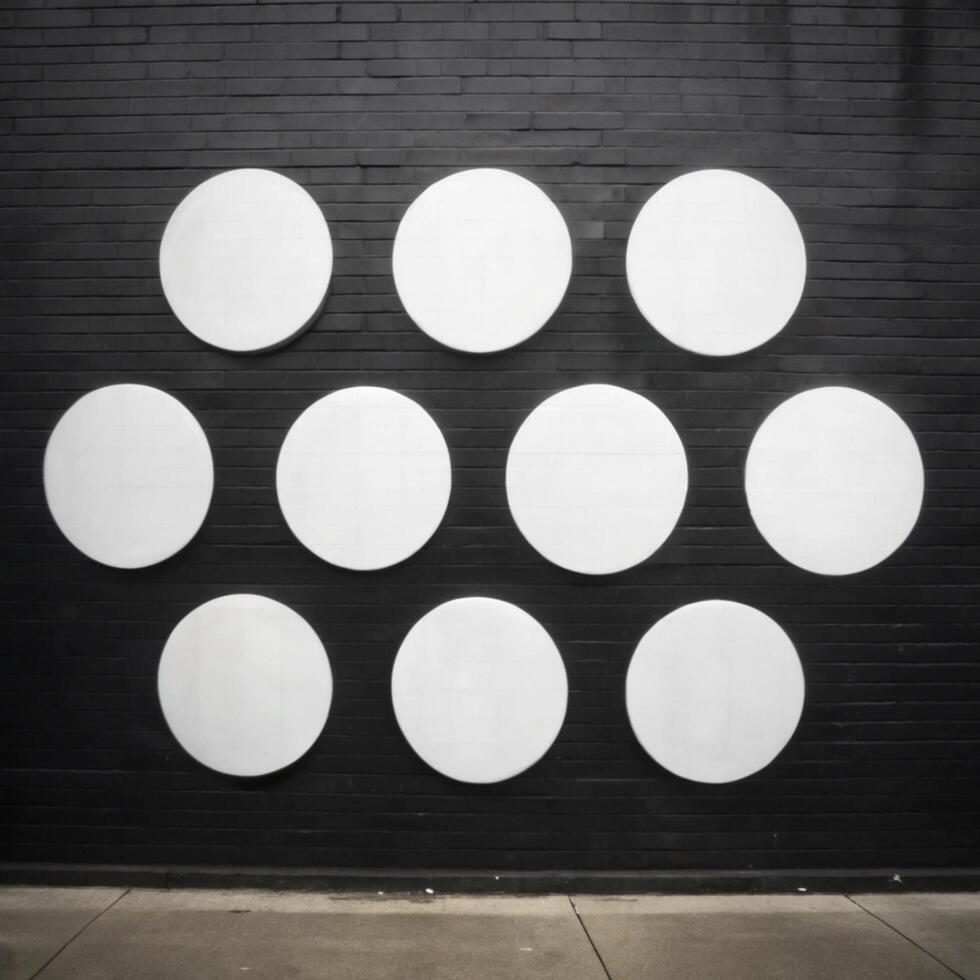 Ten White Circles on a Black Brick Wall Urban Art Minimalist Geometric Design photo