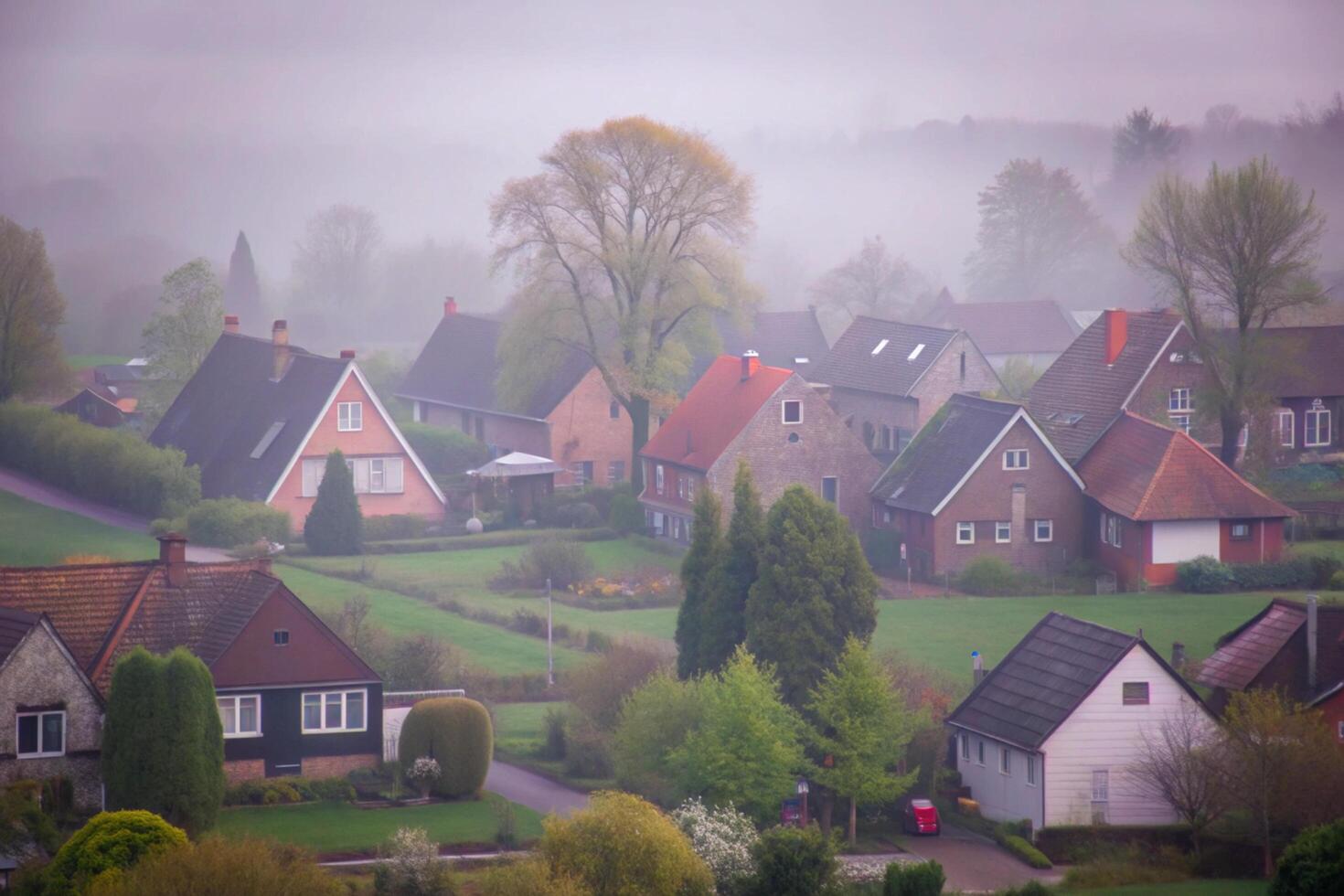 Misty Morning in a Picturesque Village of Charming Houses and Lush Greenery photo