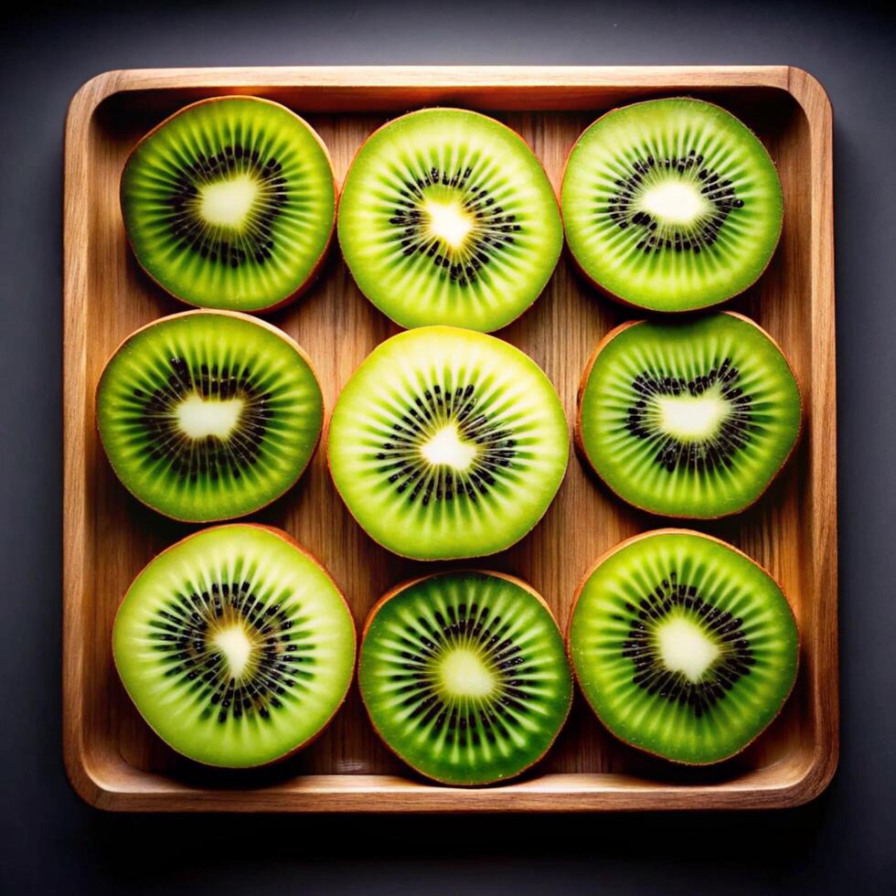 Nine Slices of Freshly Cut Kiwifruit Arranged on a Wooden Tray photo