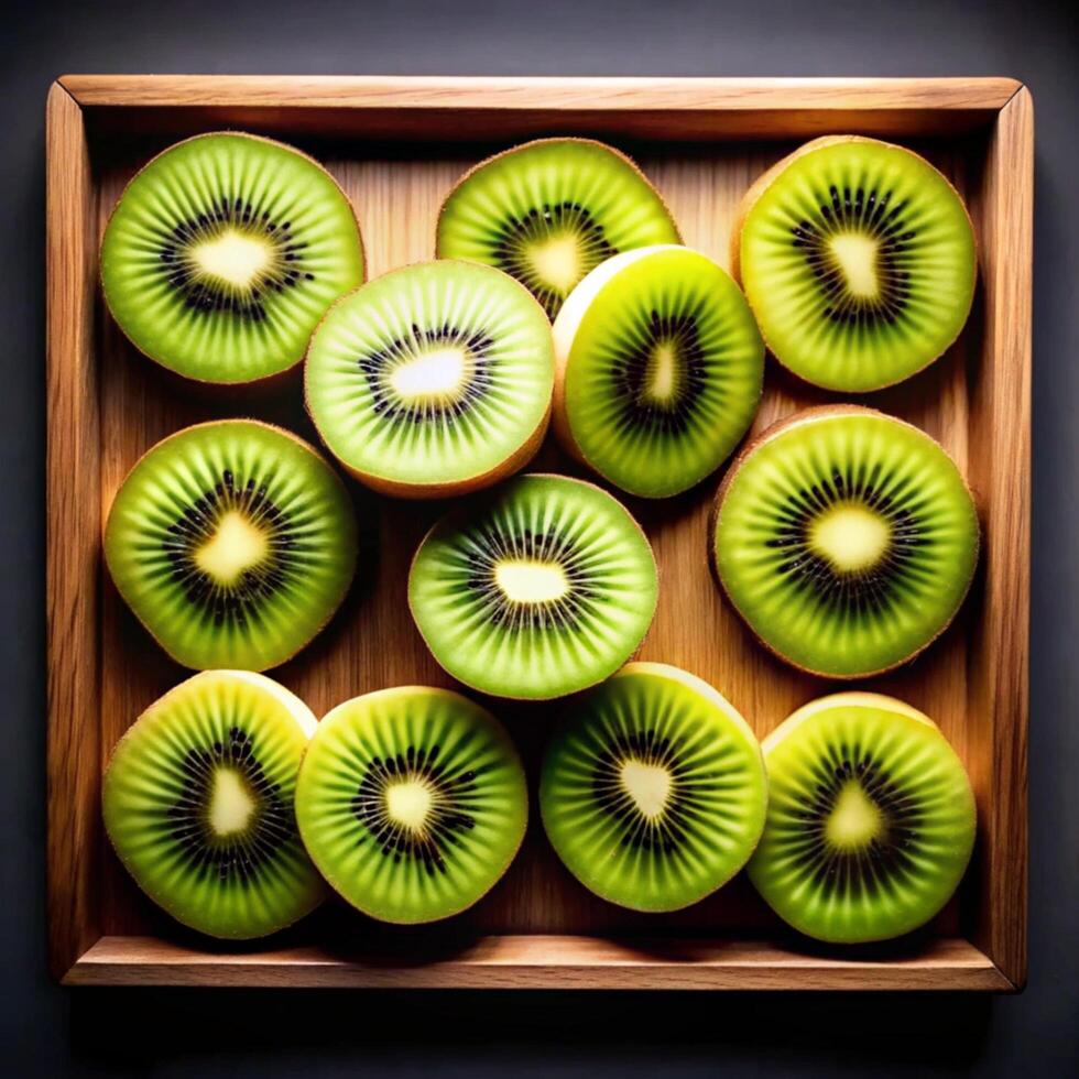 A Wooden Tray of Freshly Sliced Kiwis Arranged in a Beautiful Pattern photo