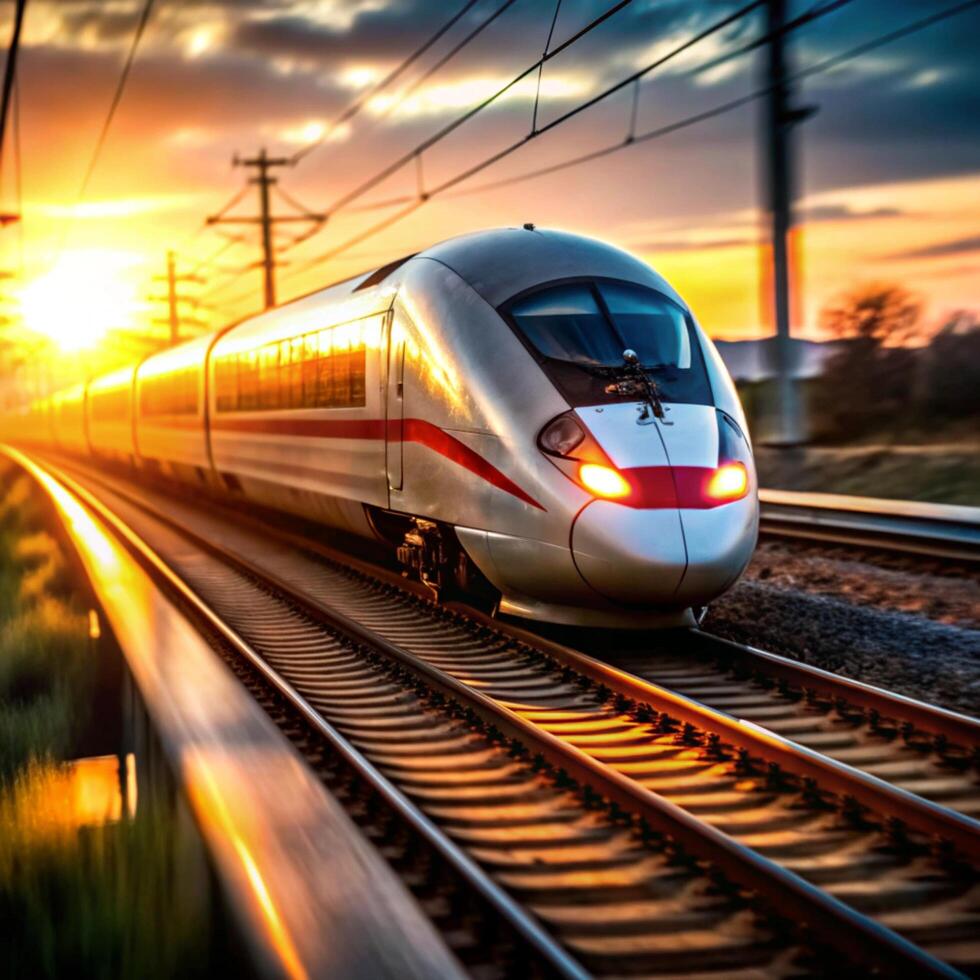Highspeed train at sunset traversing railway tracks photo