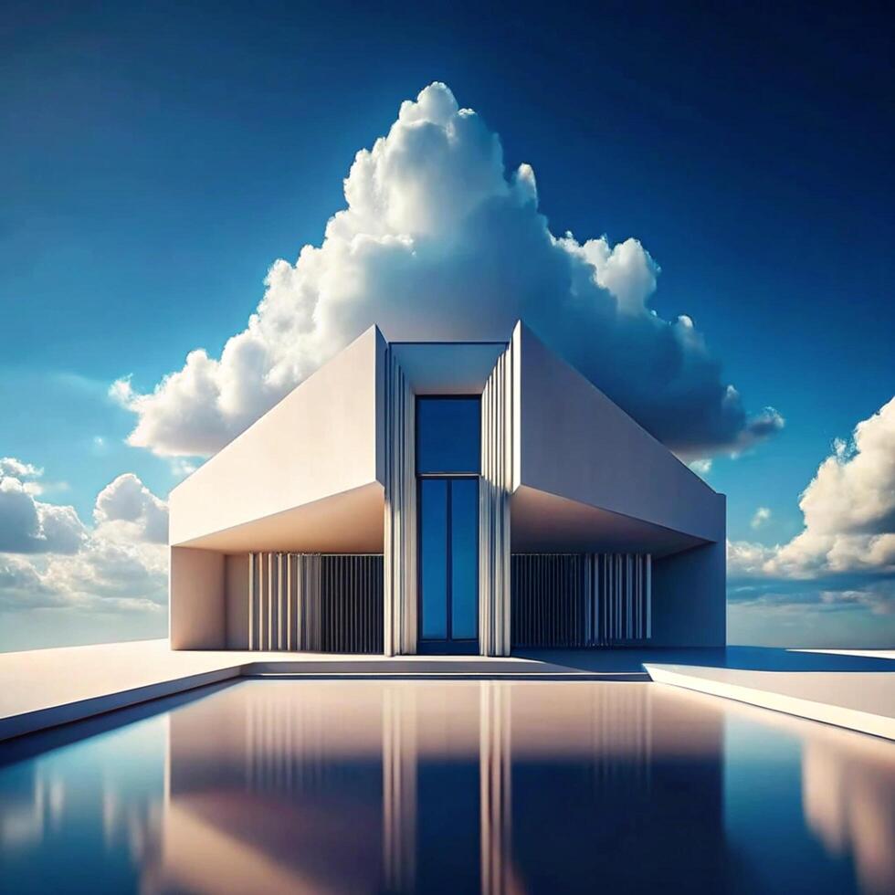 Modern Minimalist House Design with Infinity Pool and Dramatic Cloudscape photo