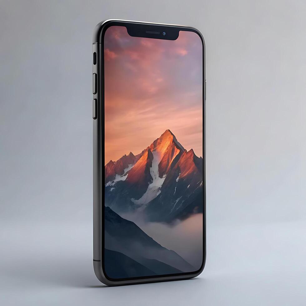 Stunning Mountain Sunset Displayed on a Sleek Modern Smartphone photo