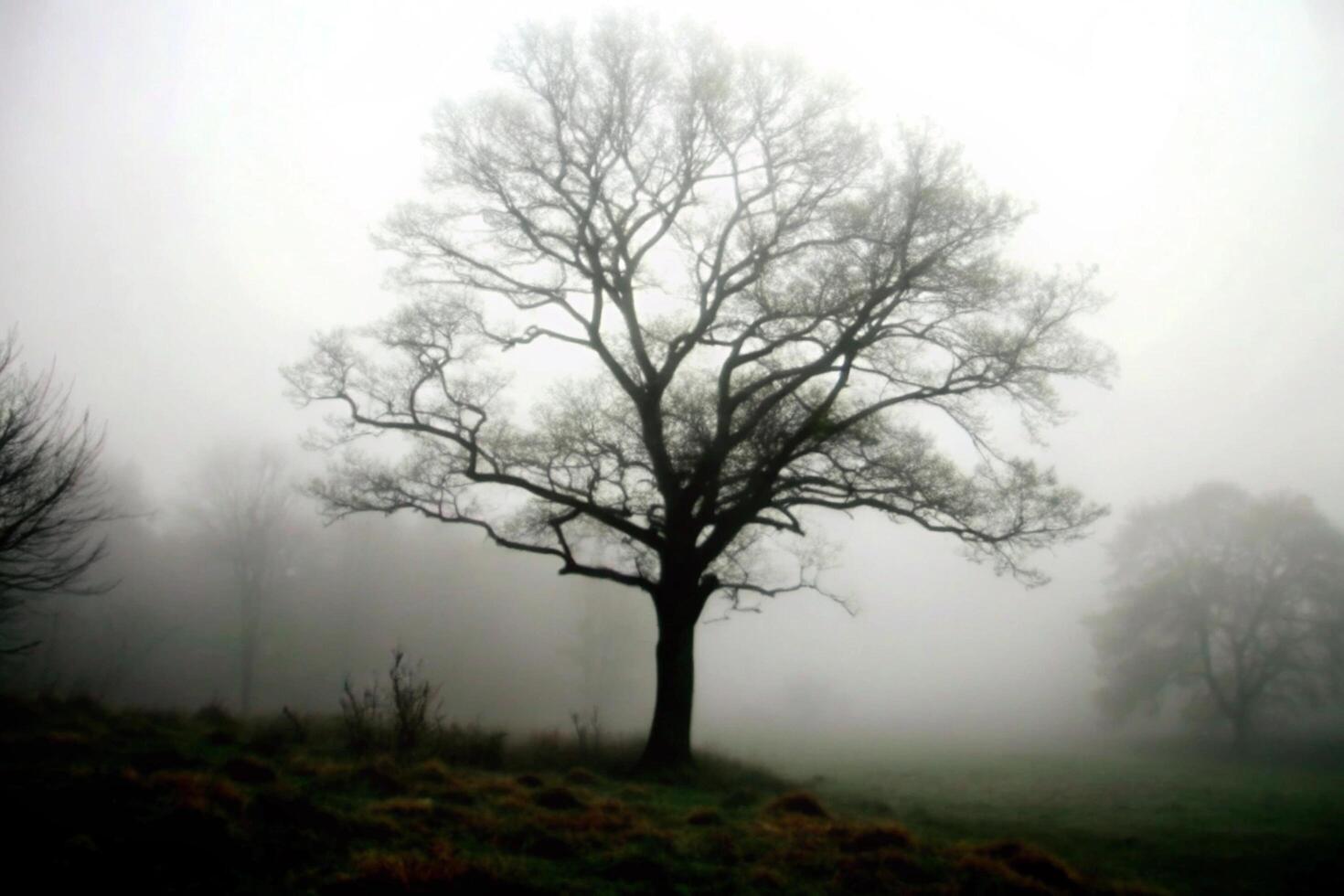 Solitary Tree in a Foggy Field on a Mysterious Morning photo