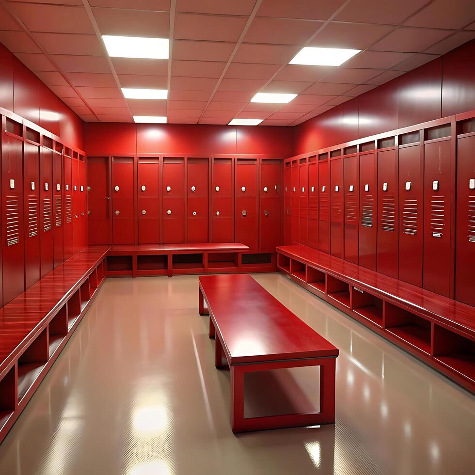 Modern Red Lockers and Benches in a Clean and Spacious Locker Room photo