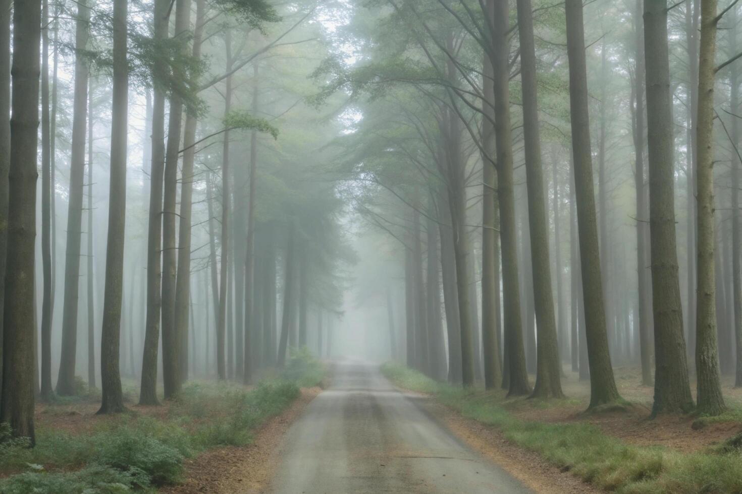Misty Morning Road Through Tall Trees in a Foggy Forest photo