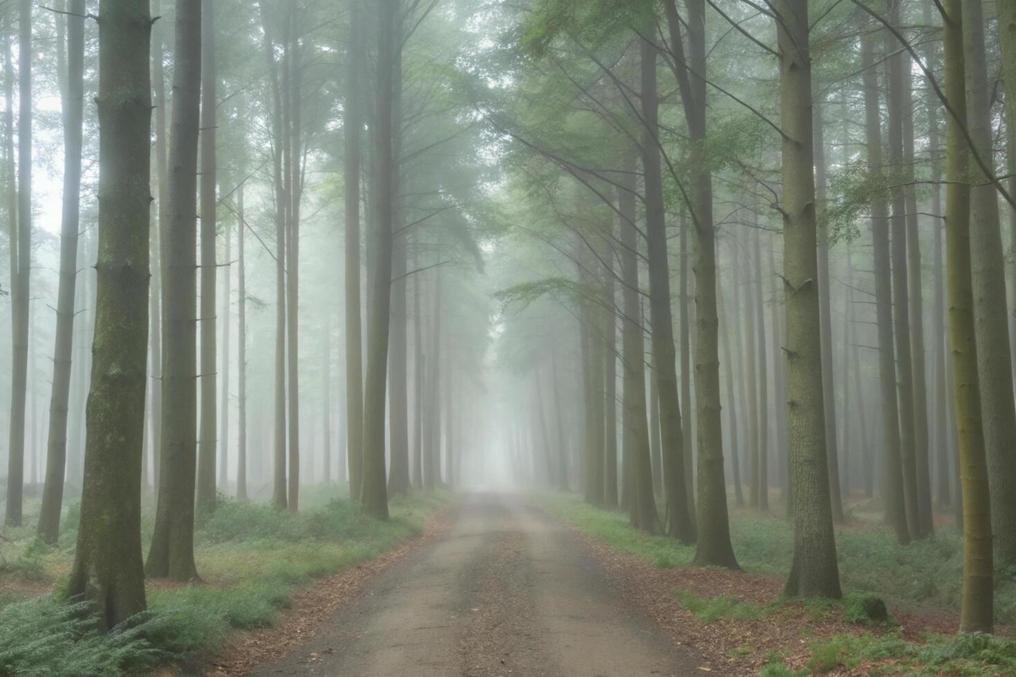 Misty Forest Path A Serene Walk Through Tall Trees photo