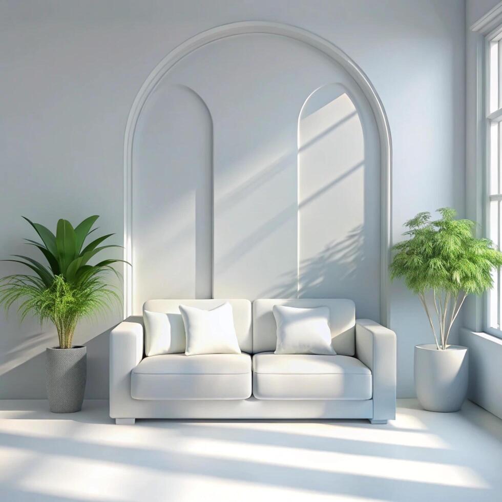 Minimalist Living Room Interior Design with White Sofa and Arch Wall Decor photo