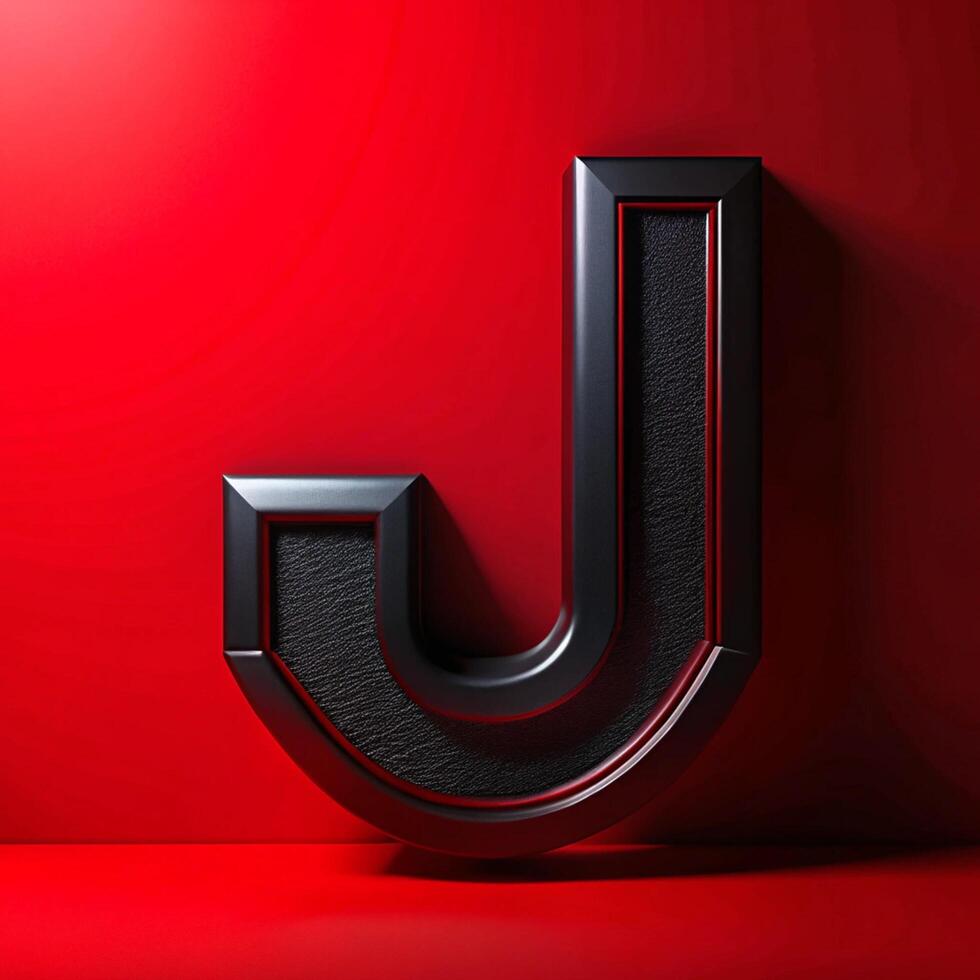 A Striking 3D Render of the Letter J Against a Red Background, Black Leather Texture with Red Accents photo