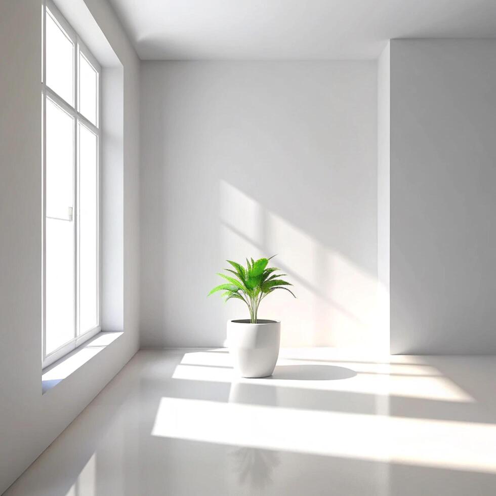 Minimalist Room Interior Design with Sunlight and a Single Plant in a White Pot photo