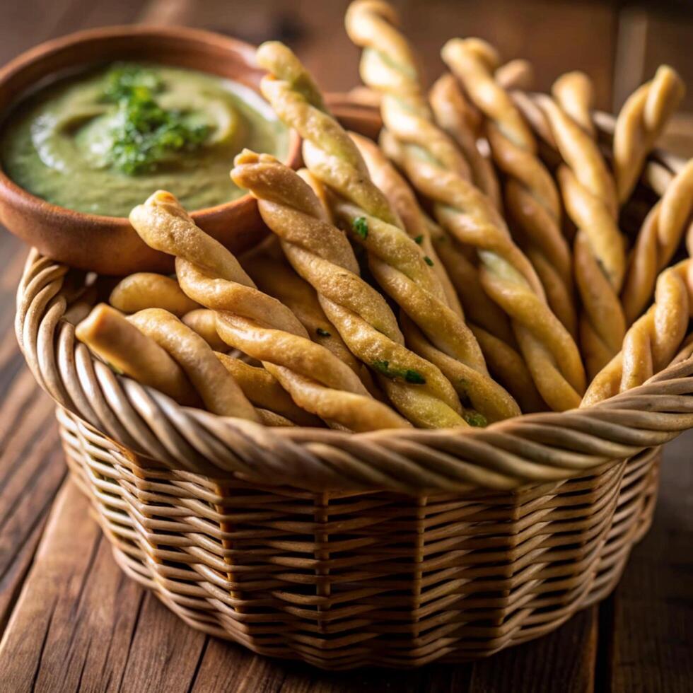 Delicious Twisted Breadsticks with Herby Green Dip in a Wicker Basket photo