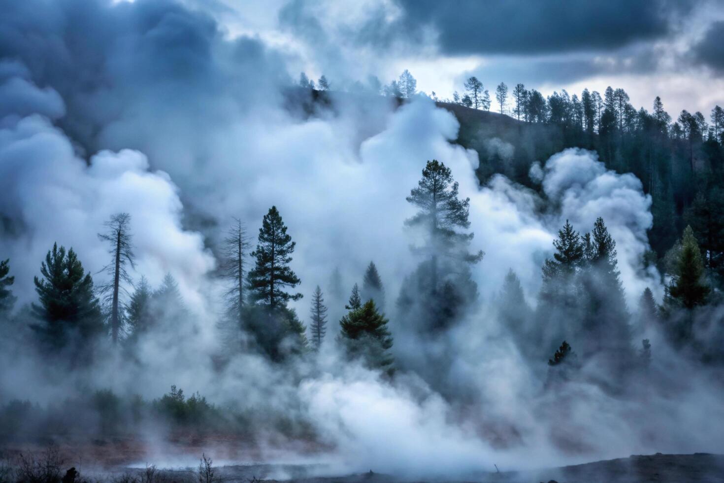 Misty Mountain Forest with Geothermal Steam Rising Through the Trees photo