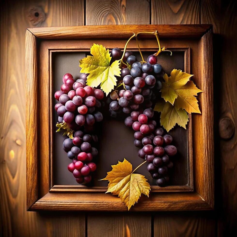 Autumnal Still Life Photography of Red and Purple Grapes in a Wooden Frame photo