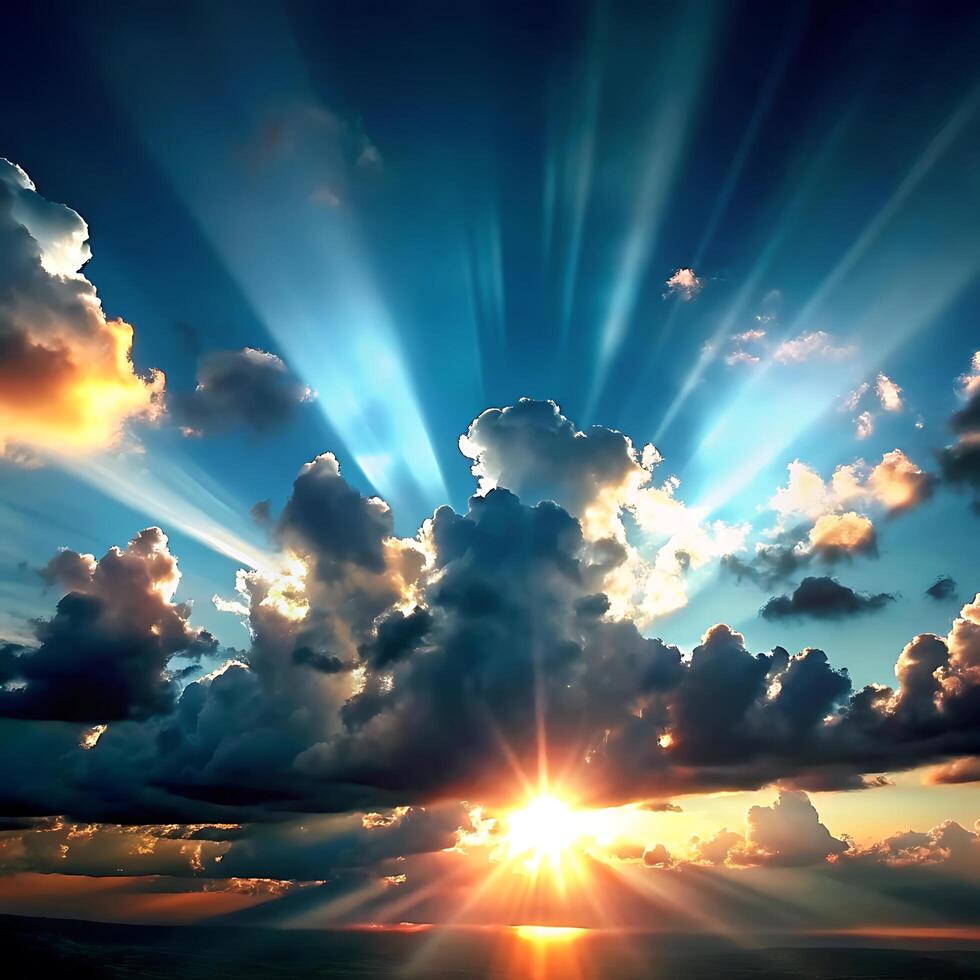Majestic Sunset Rays Breaking Through Dramatic Cloudscape Awe Inspiring Celestial Display photo