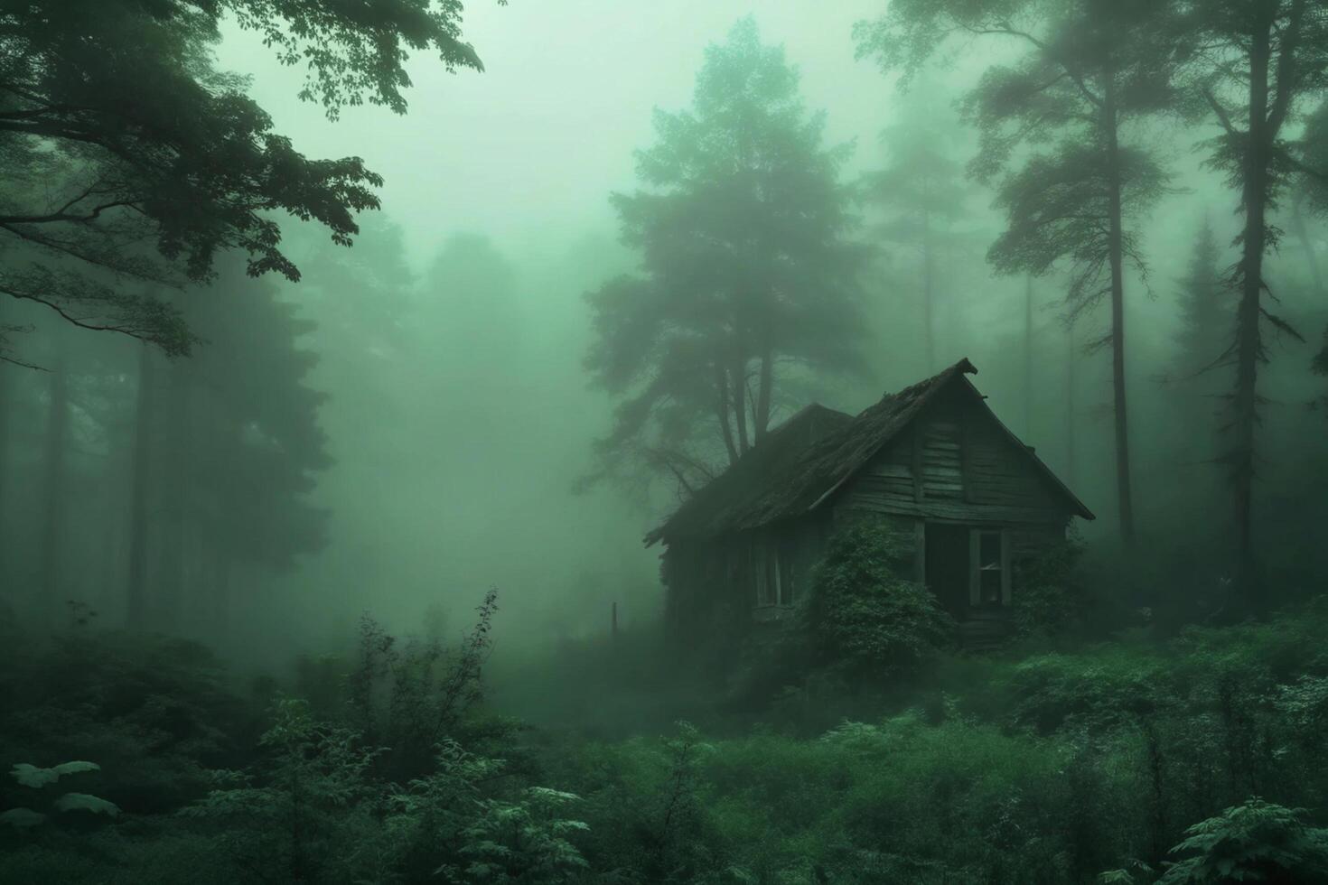 Enigmatic Abandoned Cabin in a Foggy Green Forest photo