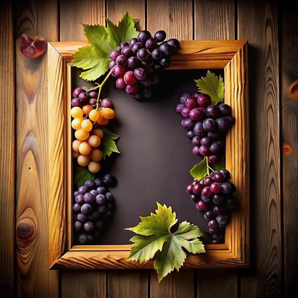 A Wooden Frame Adorned with Lush Bunches of Grapes of Varying Colors photo