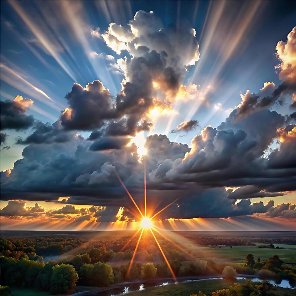 Majestic Sunset Landscape with Dramatic Clouds and Sun Rays photo