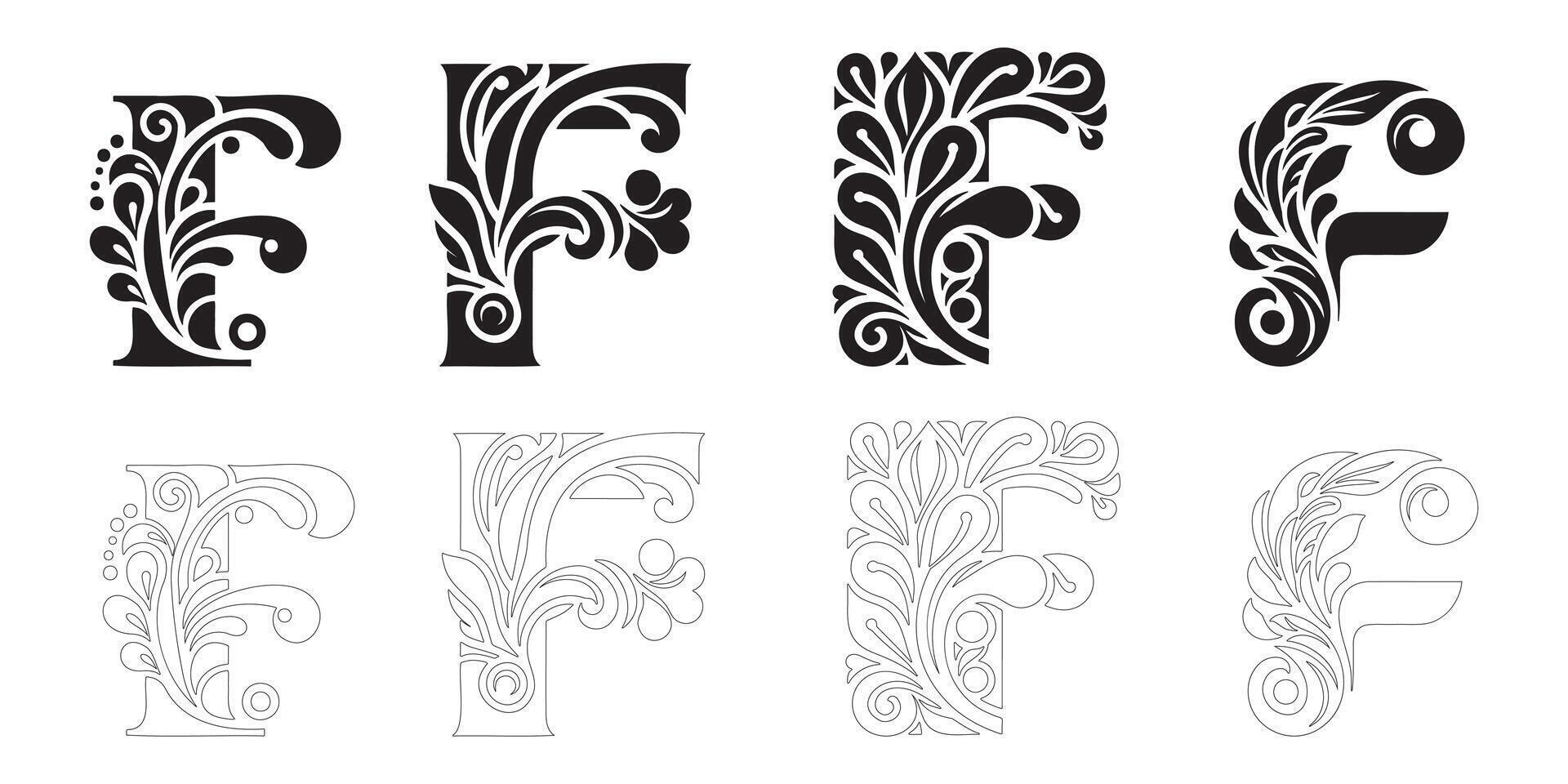 letter F Black flower alphabet. Design Set with Decorative Flourishes vector