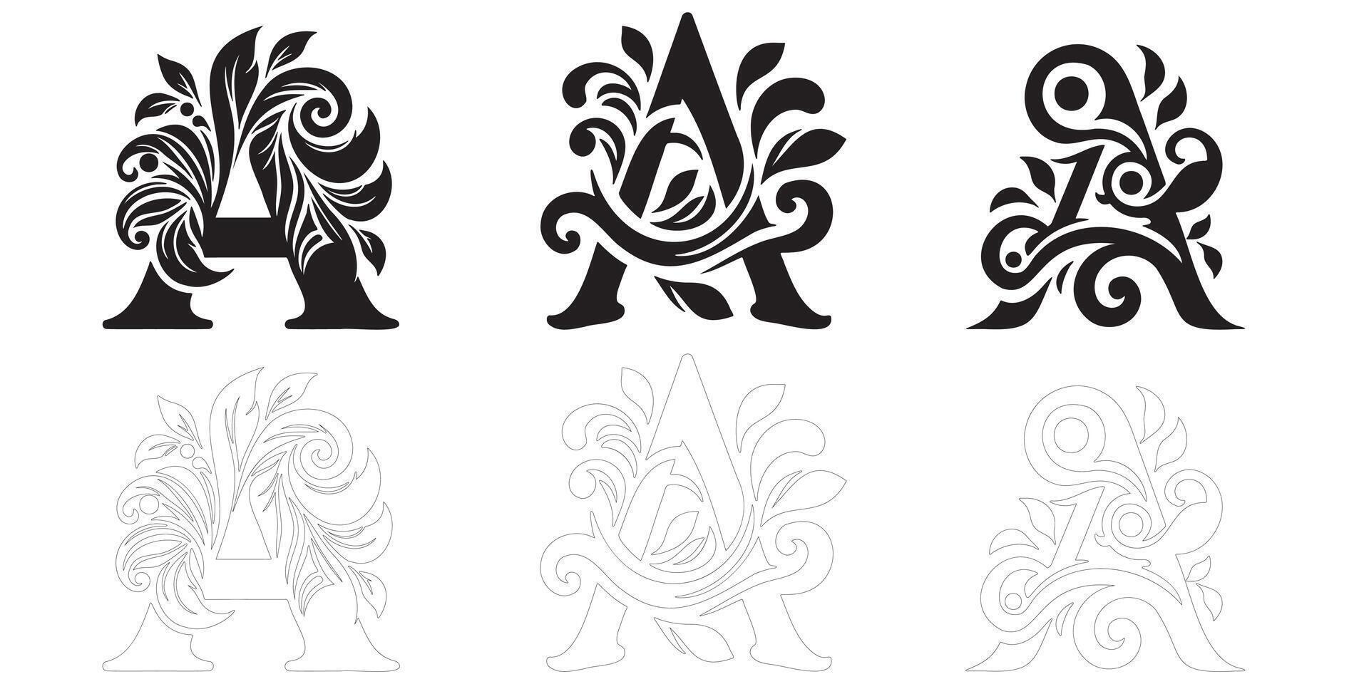 letter A Black flower alphabet. Design Set with Decorative Flourishes vector