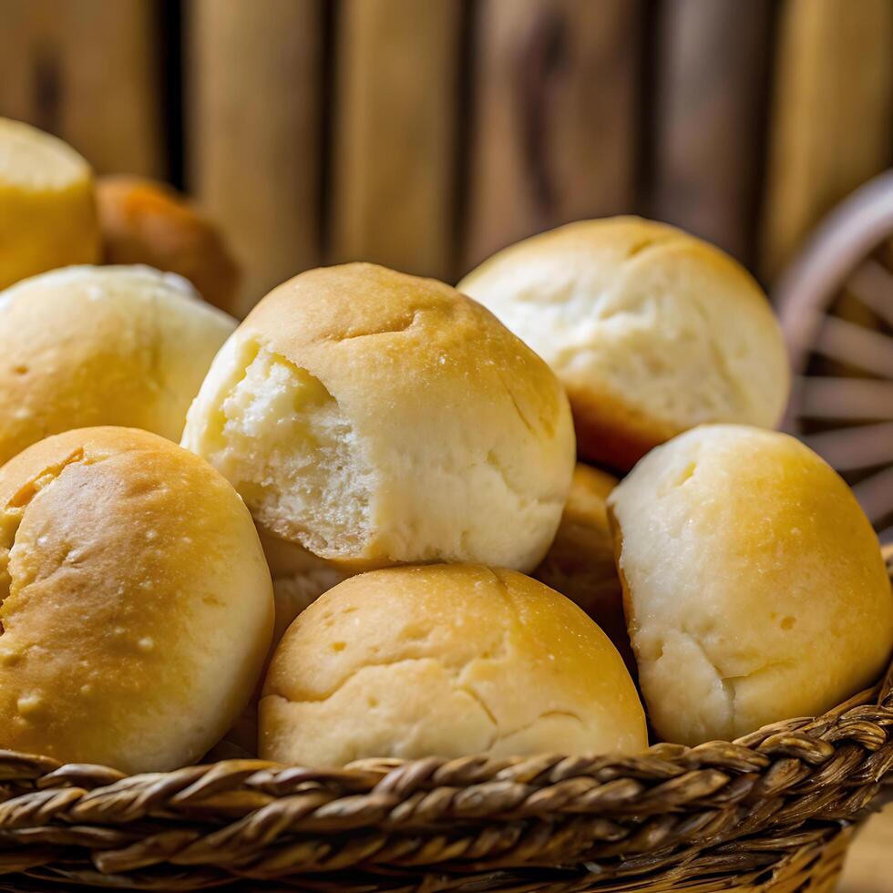 A Basket of Freshly Baked Golden Brown Dinner Rolls Ready to Serve photo