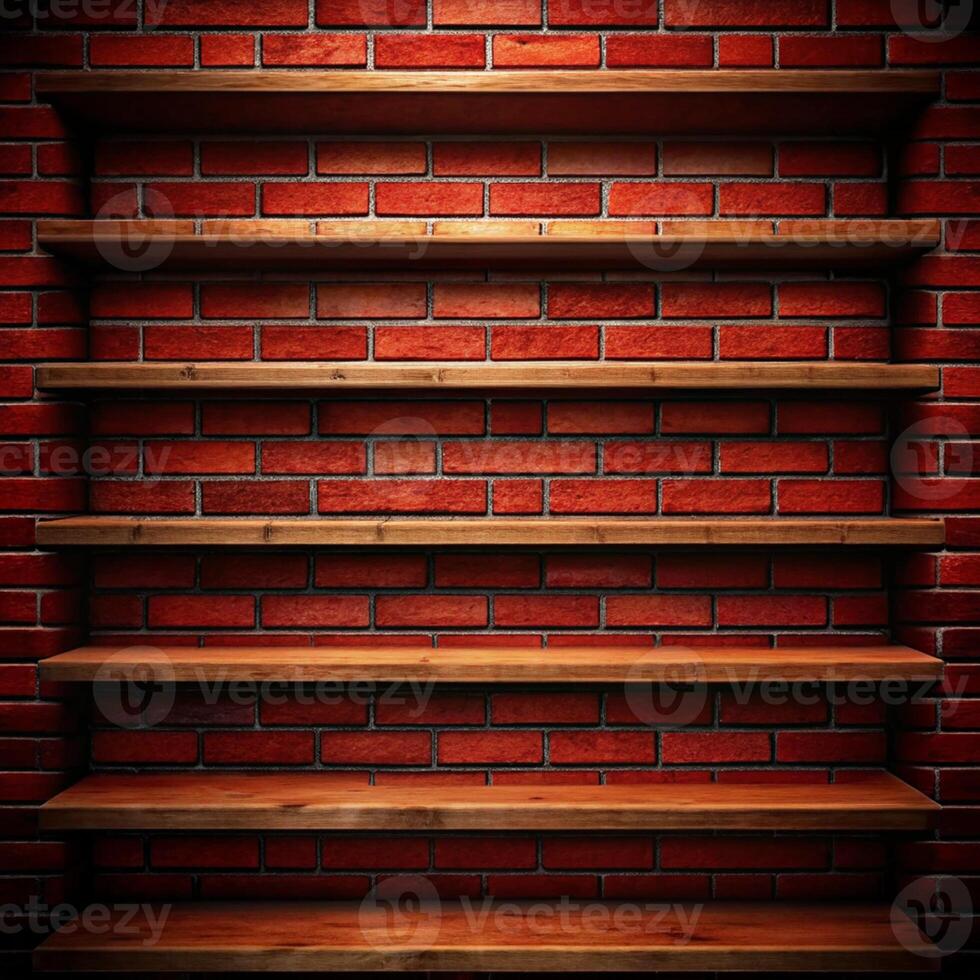 A brick wall with shelves and a shelf with shelves photo